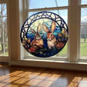 Sun Catcher Style Round Bunny Art Panel - Blue